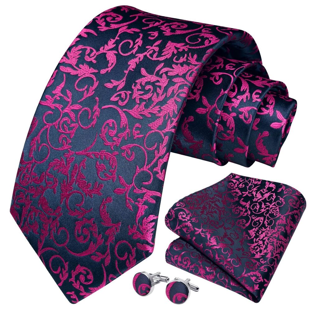 3356 Hot Pink Ties Floral Purple Ties Handkerchief Cufflinks Set Wedding